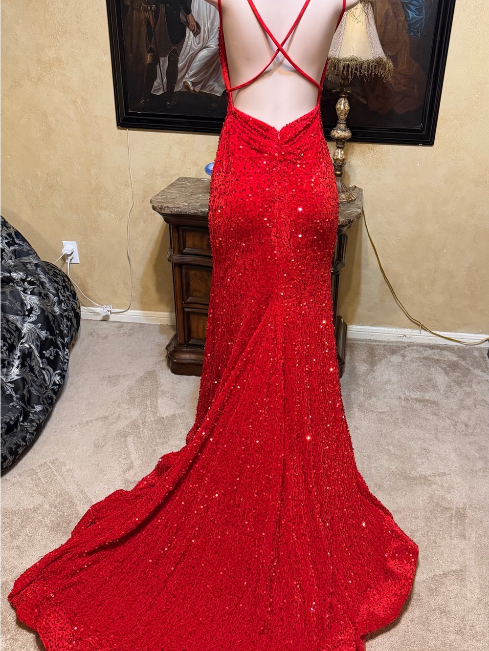 Red Sequin V-Neck Evening Gown - Picture 8 of 12